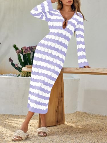 Saodimallsu Womens Crochet Summer Maxi Dress Striped Sexy Cut Out V Neck Long Sleeve Knit Cover Up Beach Dresses Light Purple — view 4