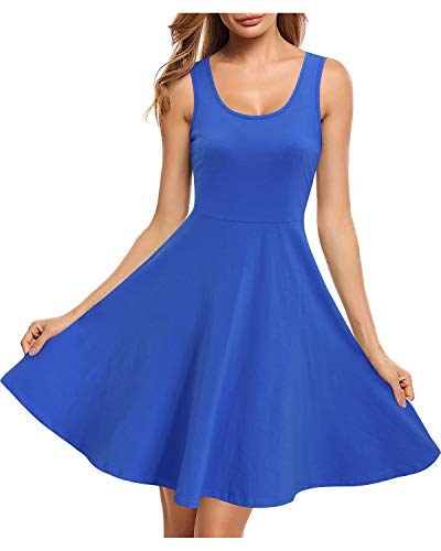 STYLEWORD Women's Sleeveless Casual Cotton Dresses Summer Fit and Flare Midi Dress(Blue02,S)