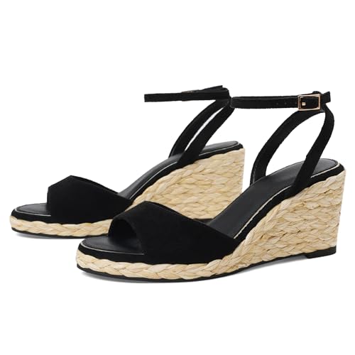 Image of Marc Ford Wedge Sandals For Women Raffia Espadrille Platform Wedges Summer Comfort Sandals Ankle Strap Stylish Open Toe Beach Vcation Raffia Wedges Heels 3 inch
