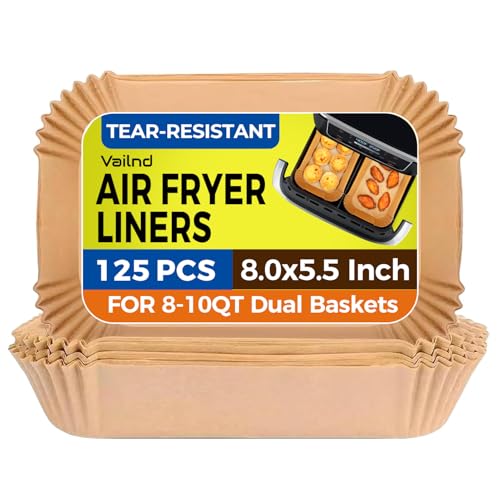 Image of Vailnd Air Fryer Paper Liners Disposable: 125Pcs 8x5.5 inch Rectangle Parchment Paper Sheets, Non-stick Food Grade Baking Liners for Rectangular Air Fryer Dual Basket Oilproof Waterproof