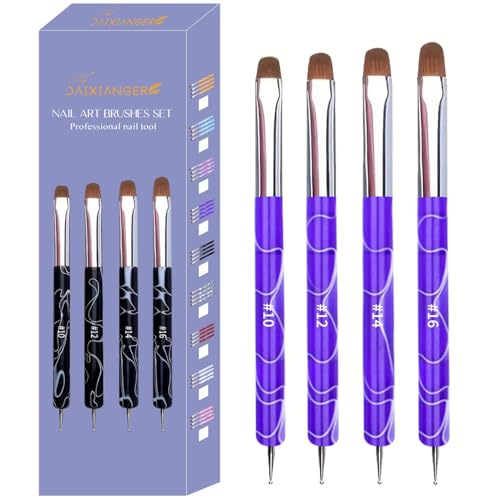 4Pcs French Tip Brush, Double-Ended French Brushes for Nails with Dotting Tool, Clean Up Brush for Gel Nail Polish, Size 10/12/14/16, Acrylic Nail Art Brushes, Manicure Tools for Nail Design-Lavender