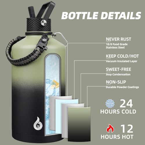 Image of BJPKPK 1 Gallon Water Bottle with Straw Lid, 128oz Large, Stainless Steel Water Bottles with 3 Lids and Paracord Strap, Double Wall Vacuum Metal Water Jug, Camp Green & Black