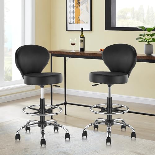 Image of KLASIKA Black PVC Faux Leather Drafting Chair Set of 4 Rolling Swivel Salon Stool with Back Support Foot Rest Adjustable Hydraulic Seat Height for Massage Facial Spa Medical Drafting Tattoo Beauty