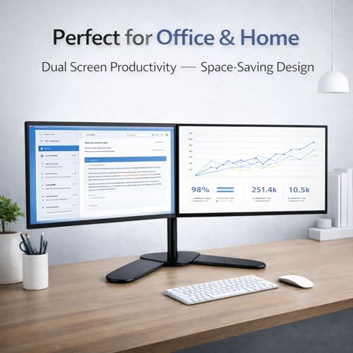 Image of RISSACHI Dual Monitor Arm | 14-27 Inch Screen Support Monitor Stand for Desk | 25 kg Total Weight Capacity | Height Adjustable Dual Arm | Freestanding Base | Tilt, Swivel & Rotation Features