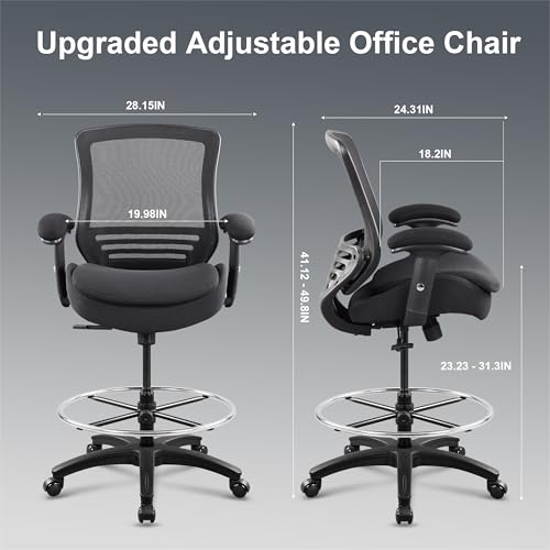 400lbs Tall Office Drafting Chair with Extra Seat Cushion for High Standing Desk with Lumbar Support and Enlarged Adjustable Footring-Black