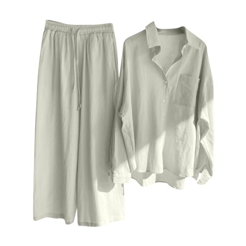 Générique Femme Tailleur Lin Ensemble Chemise Col Revers Manches Longues + Pantalon Large Respirant Costume 2 Pièces Couleur Unie Tenue de Plage Été Chic Élégant Décontracté Léger Grande Taille