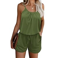 ANRABESS Women Spaghetti Strap Scoop Neck Backless Elastic Waist Cami Romper Jumpsuit with Pockets