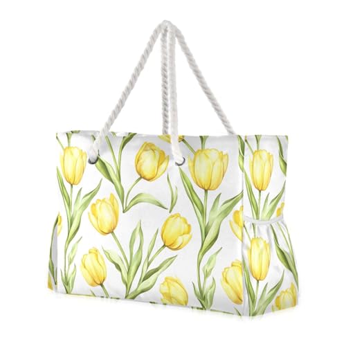 Yellow Tulips Beach Bag & Travel Tote Bag Large Sandproof with Zipper Closure, Wet Pouch for Swim Gym Travel, Lightweight Foldable Outdoor Bag