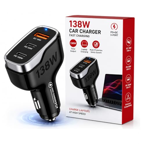 Image of Primate 138W Super Fast Car Charger, Triple Port USB Car Charger with 100W PD USB-C, 30W Type-C PD & 18W QC3.0 USB-A for Smartphones, Laptops, Tablets & More