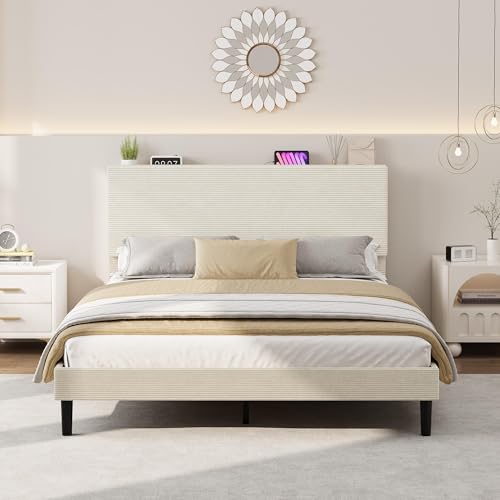 Image of GarveeLife Corduroy Upholstered Platform Bed Frame with USB Charging Station, Adjustable Storage Headboard, Wooden Slat Support, No Box Spring Needed, Easy Assembly, Full Beige