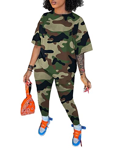 Ophestin Camo Print 2 Piece Outfits Strampler Sport 2 PC Sets Camouflage T Shirts Kurze Hosen Set Jogger Trainingsanzüge Jumpsuits, Armeegrün/lang, S Cover