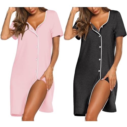 Image of Ekouaer Nightgowns for Women 2 Pack Button Down Sleepshirt Short Sleeve Nightshirt Soft Sleepwear V Neck Pajama Dress