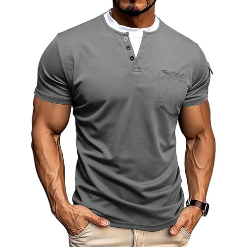 Polo Henley d'été pour homme avec poche et faux boutons double couche
