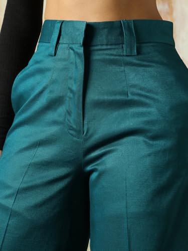 Image of High Star Women High Rise Solid Regular Length Wide Leg Casual Trousers