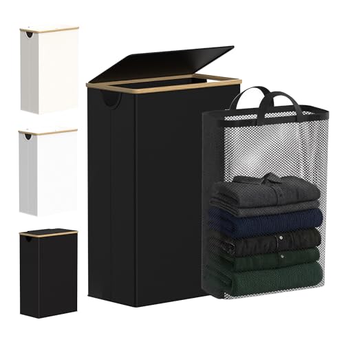 Image of efluky Slim Laundry Basket with Lid, Narrow Laundry Hamper with Removable Bag, Skinny Dirty Clothes Basket with Bamboo Handles for Bathroom, Bedroom & Laundry Room, 75L Black