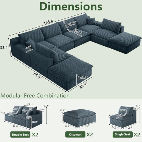 Image of 136 inch Cloud Couch Modular Sectional Sofa for Living Room, U-Shape Boneless Couch with Deep Seat, Modern Corduroy 6-Seater with Ottomans, No Assembly Required, Blue