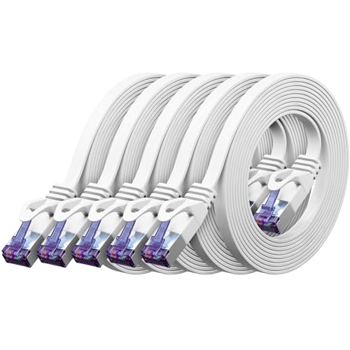 deleyCON 5x 0,5m Piatto CAT7 Cavo di Rete (CAT 7 con 10 Gbit/s) Gigabit LAN - RJ45 Ethernet Corto Cavo Patch Lungo Piatto - per Internet Interruttore Router Modem Pannello Patch - Bianco