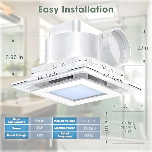 JOANAJO Bathroom Exhaust Fan with LED Light Ceiling Mount Ventilation Fan 120 CFM,Voltage 110V,4 Inch Duct Quiet Bathroom Ventilation Exhaust Fan for Shower/Restroom/Office - Thumbnail 2