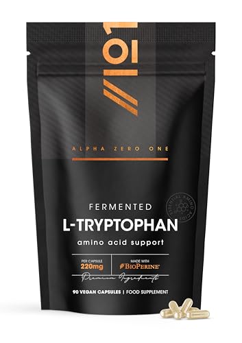 L-Tryptophan 220mg with BioPerine - 90 Vegan Capsules Naturally Fermented L-Tryptophan Supplement with Black Pepper Extract for Increased Bioavailability - 3 Months Supply - By Alpha01