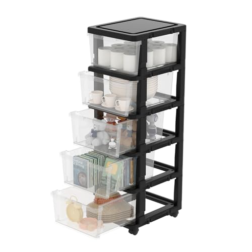 Cetomo Cassettiera in Plastica con Ruote, Cassetti di Stoccaggio, Cassetto, Torre per Casa, Ufficio, Armadio, Camera da Letto, Dormitorio, Smontabile, Scatola, PP, Trasparente e Nero (5 Cassetti)