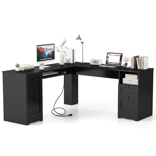 Tangkula 66” x 66” L-Shaped Office Desk with Power Outlets, Modern Home Office Computer Desk with 2 Drawers, Cabinet, Adjustable Shelf & Keyboard Tray, Corner Executive Desk for Working, Writing