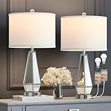 Hamucd Set of 2 Mirrored Glass Bedside Table Lamps with 2 USB Ports for Bedrooms Modern Side Nightstand Lamps Geometric Comtempory Living Room Lamps for End Tables (Silver)
