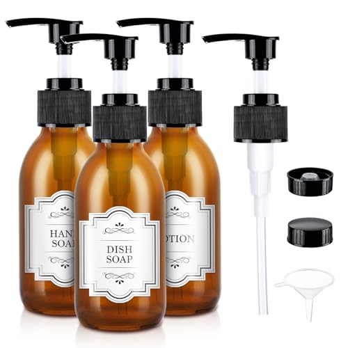 Amber Glass Pump Bottle Dispenser 4 oz，Homepicker Shampoo Lotion Bottle with Pump for Body Oil，125ml Brown Glass Bottles with 1 Extra Pump Tops, Black Caps, Labels - 3 Pack