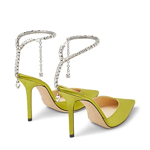 Image of LauraVicci Women's Heeled Sandals Crystal Chain Ankle Straps Rhinestones Buckle High Heels Stiletto Slip On Wedding Party Satin Dress Shoes