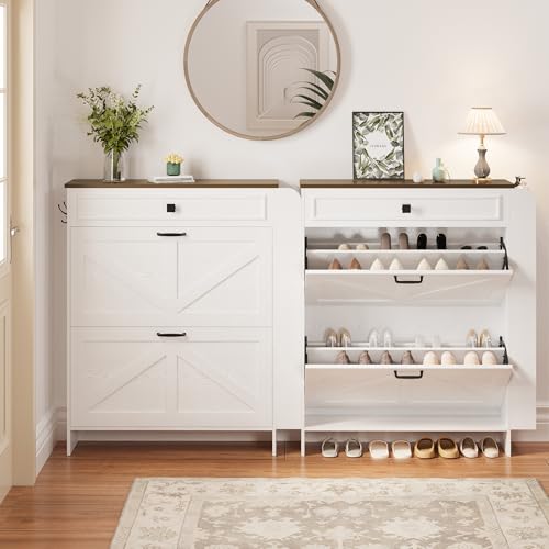 image for IRONCK Shoe Storage Cabinet with 2 Flip Drawers & Barn Door Design, Fr