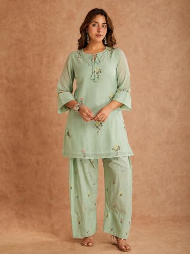 Image of ANNI Designer Farshi Salwar Suit for Women Viscose Embroidered | Co Ord Set for Woman | Straight Kurta Palazzo Outfit Round Neck V Slit 3 /4 Sleeve Ethnic Dress Womens Clothing