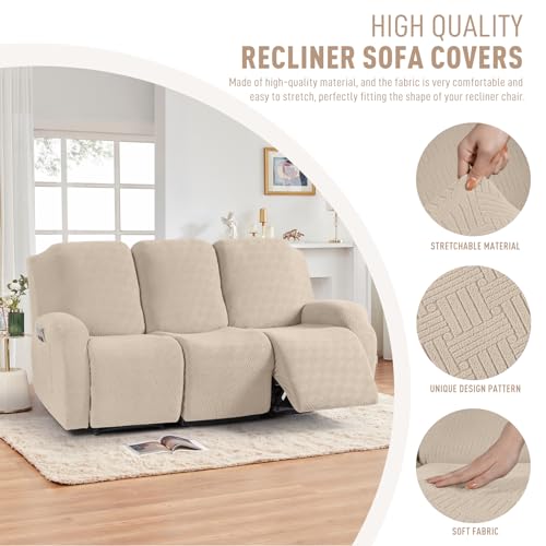 Image of KinCam Recliner Covers, Stretch Reclining Chair Covers, Recliner Sofa Slipcovers Stripe Jacquard Recliner Couch Covers Furniture Protector Covers for Pet Kid (3 Seater, Vanilla)