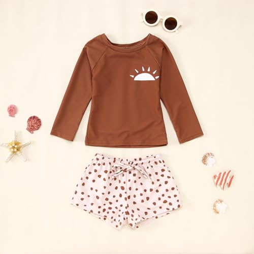 MODNTOGA Baby Boy Girl Swimwear 2Pcs Long Sleeve Swim Bathing Suit Set Toddler Kids Funny Sun Graphic Swimsuits Beach Wear (Brown, 2-3 Years)