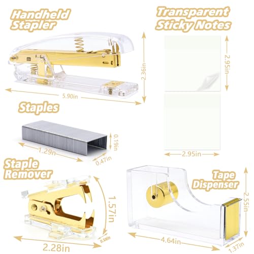 Image of Gold Office Supplies,UPIHO Gold Desk Accessories,Stapler and Tape Dispenser Set with Large Stapler,Tape Dispenser, Staple Remover, Staples, Clips,Scissor,Pen and Sticky Notes,Gifts for Office Clerks