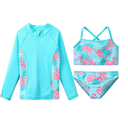 Girls Rash Guard 3-Piece Swimsuit Set UPF 50+ UV Surfing Sunsuit Jacket+Bikini +Bottom Kids Summer Beach Bathing Suit