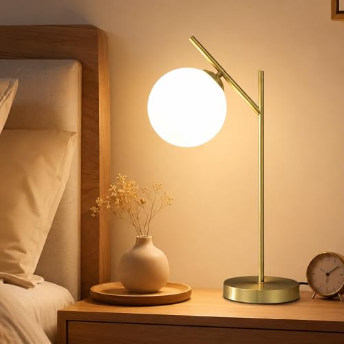 Image of Mid Century Modern Table Lamp, 1 Light Brass Glass Globe Bedside Lamp, Contemporary Metal Table Lamp with Milky White Glass shadefor Bedroom Living Room Study Room