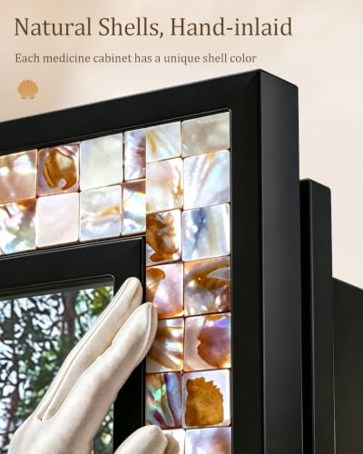 Image of 20x26 Inch Natural Shell Inlay Black Medicine Cabinet with Mirror, Bathroom Shatterproof Mirror with Storage, Reversible Installation Wall Mount or Recessed, Large Space 3 Shelves and 1 Organizer