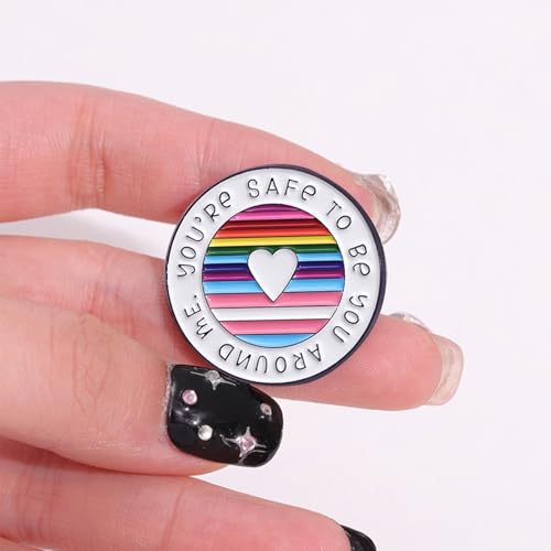 Image of 5Pcs Round Rainbow Brooch - Enamel Pins with Inspirational Quote inchYou're Safe To Be You Around Me inch - LGBTQ Gift, Lapel Brooches for Clothing, Bags, Backpacks, and Hat Accessory