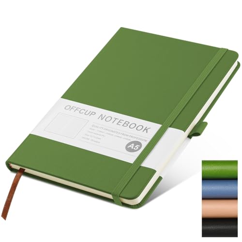 OFFCUP Cuaderno Rayado A5, Cuaderno de Piel de 192 Páginas, Banda Elástica Bloc de Notas, Diario de Rayas con Tapa Dura de 80 gsm para Escribir Trabajar Estudiar Agenda (Verde)