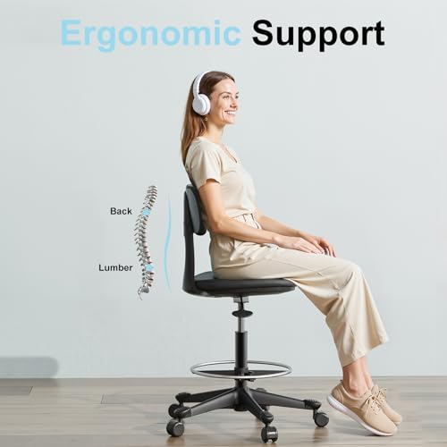 Image of Drafting Chair with Auto-Lock Gravity Wheel,Height Adjustable Standing Desk Chair,Tall Drafting Stool,with Back Support & Foot Rest,No Arms,for Studio,Lab,Office or Home