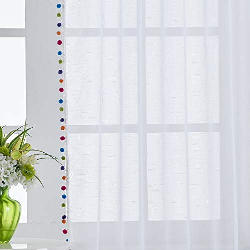 Image of Treatmentex Sheer White Curtains with Multi-Color Pom-Pom Sheer Curtains for Toddler 84 inch Long Linen Textured Decorative Nursery Room Window Drapes 52 inch w 1Pair