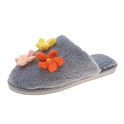 RTPR Invierno Calor Foam Home Antideslizante Interior y Exterior Zapatillas Mujer Zapatillas de Otoño e Invierno Flores Moda Lindas Cómodas Calientes Planas Interior y Exterior, gris, 39 EU