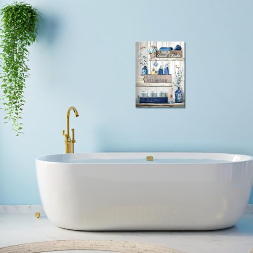 BFKDKG Navy Blue Bathroom Decorative Wall Art Rustic Blue Bathroom Canvas Wall Decorative Please Sit In Your Own Logo Painting Painting Retro Aesthetic Pictures Artwork Decoration (12x16in) by BFKDKG - Used condition - Image 4