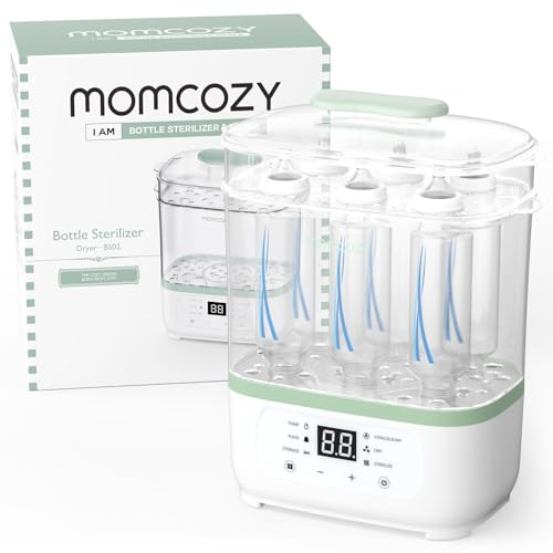 Momcozy Esterilizador de vapor eléctrico 3 en 1 para biberones – Esteriliza, seca y calienta con 99,9% de eliminación de bacterias, capacidad de 8 botellas, protección de gérmenes 24 h y secado