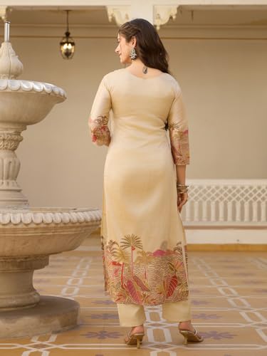 Image of Yashika Women's Beige Viscose Assam Silk Fabric Straight Printed Kurta, Pant and Dupatta Set | Kurta Set for Women