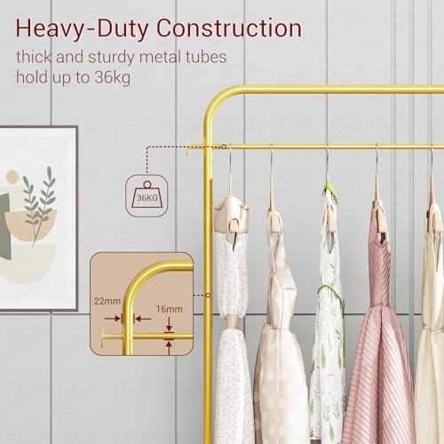 Image of Lukzer | MGR-009 | Gold | Metal Clothes Rail Stand with 360 Rotating Wheels, 4 Side Hooks & 1-Tier Leather Storage Bin - Garment Rack Organizer for Bedroom, Closet, Dorm, Laundry | 171 x 75 x 35 cm