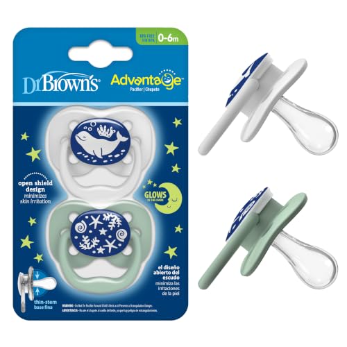 Image of Dr. Brown's Advantage Glow-in-the-Dark Baby Pacifier, Fully Symmetrical Soother with Soft Silicone Bulb, Blue Ocean, 0-6m, BPA Free, 2 Pack