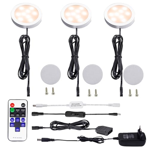 AIBOO Unterbauleuchte Küche LED Schrankbeleuchtung Warmweiß 3 Stück mit Kabel,Dimmbar Unterschrank Beleuchtung mit Schalter und Stecker,Schranklicht Nachtlicht Vitrinenbeleuchtung mit Fernbedienung