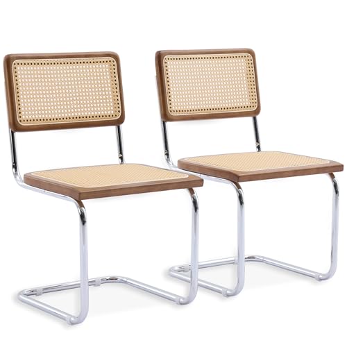 SEEDWAVE 2er-Set Freischwinger Esszimmerstühle mit Rattan-Sitz & Walnuss-Holzrahmen – Moderne Retro Stühle mit Metallrahmen für Küche, Wohnzimmer, Büro