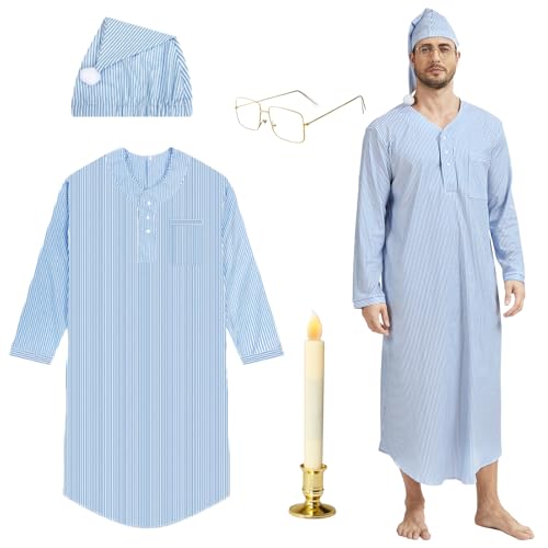NFAUEIK 4 Pcs Mens Funny Pajama Set Halloween Cosplay Costume with Mens Nightgown Sleeping Cap Glasses Candle Holder with Candle (Blue 3XL)