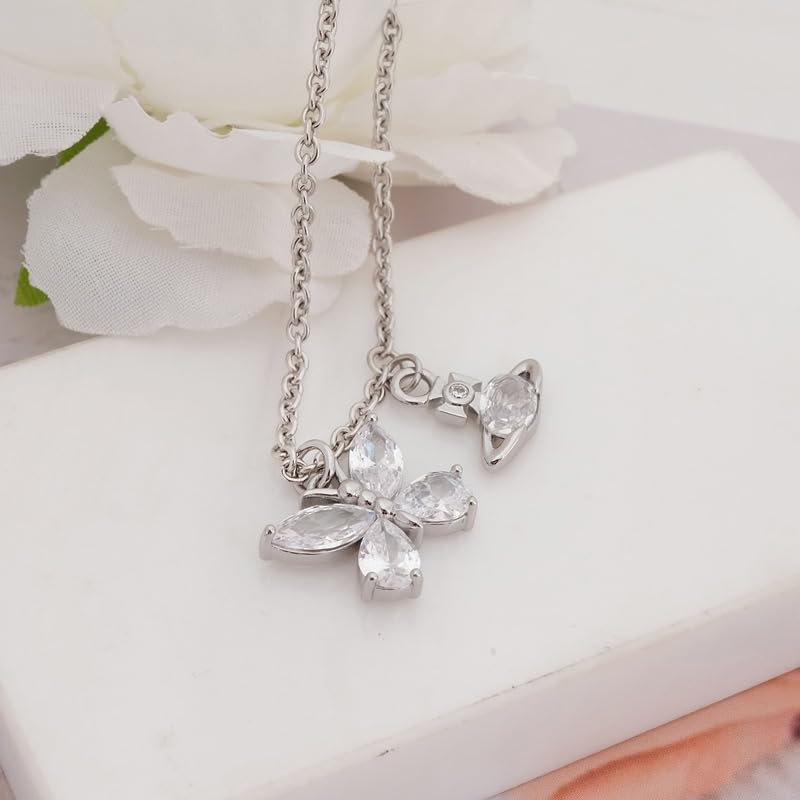 ZHAOZHAO Colorful Butterfly Necklaces of Saturn for Women - Punk Zircon Butterfly Saturn Pendant Necklace(Silver)2